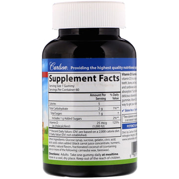 Carlson, Vitamin D3 Gummies, Natural Fruit Flavors, 25 mcg (1,000 IU), 60 Gummies