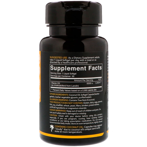 Sports Research, Vitamin D3 with Coconut Oil, 5,000 IU, 30 Softgels - The Supplement Shop