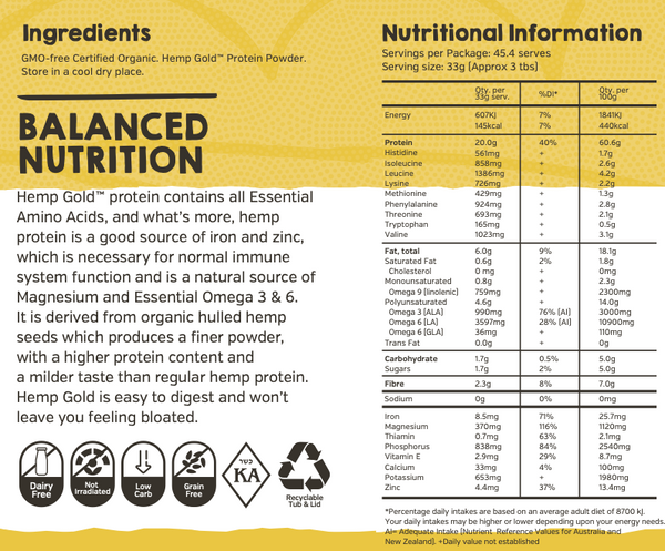 Hemp Foods Australia Organic Hemp Gold Protein 1.5kg