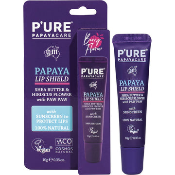 P'ure Papayacare Papaya Lip Shield Sunscreen Shea Butter Hibiscus Flower 12x10g