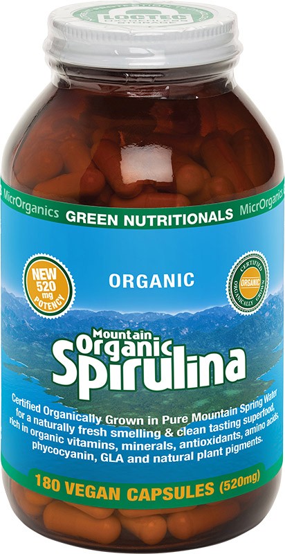 Green Nutritionals Mountain Organic Spirulina Vegan Capsules 520mg 180 Caps