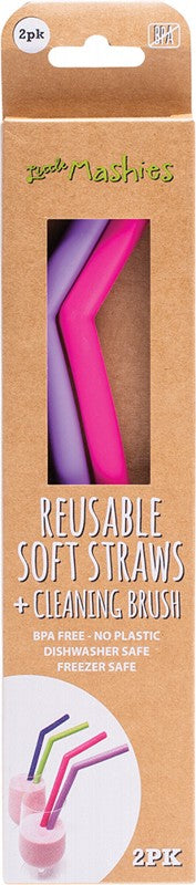 Little Mashies Reusable Soft Silicone Straws Pink & Purple + Brush 2pk