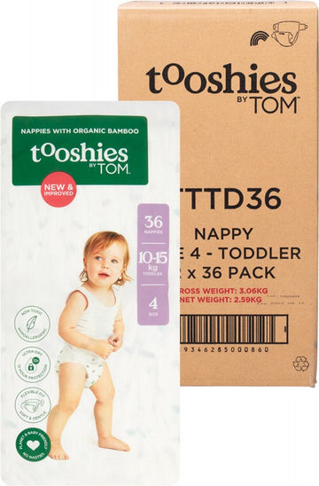 TOOSHIES Nappies With Organic Bamboo  Size 4 Toddler - 10-15kg 2x36