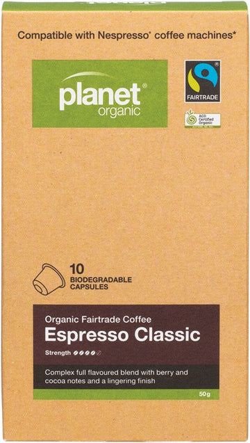 PLANET ORGANIC Coffee Capsules - Biodegradable  Organic - Espresso Classic 10