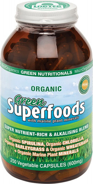 Green Nutritionals Organic Green Superfoods Vegan Capsules 600mg 250 Caps