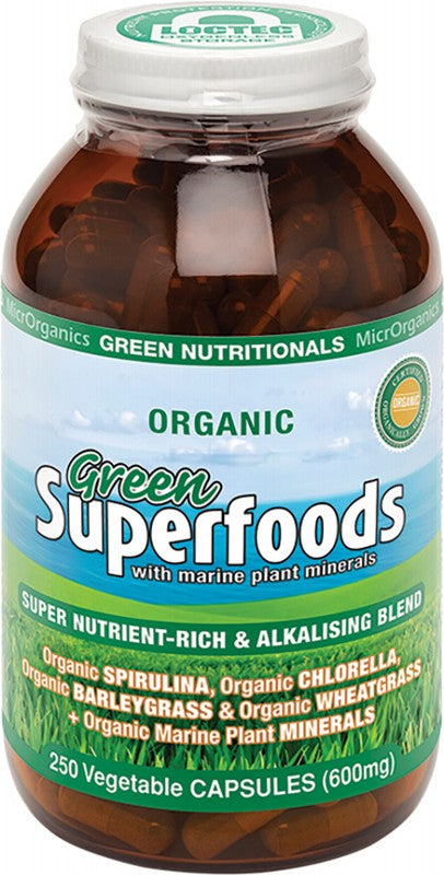 Green Nutritionals Organic Green Superfoods Vegan Capsules 600mg 250 Caps